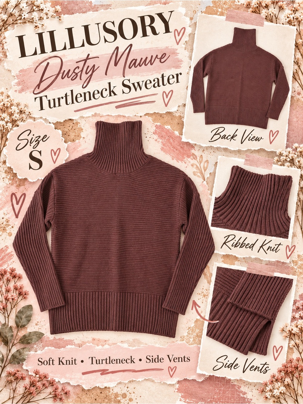 LILLUSORY Ribbed Turtleneck Sweater Size S Mauve Plum Oversized Knit